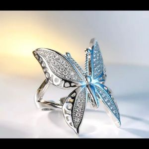 Cute Female Big Butterfly Zircon Stone Open Ring 925 Sterling Silver